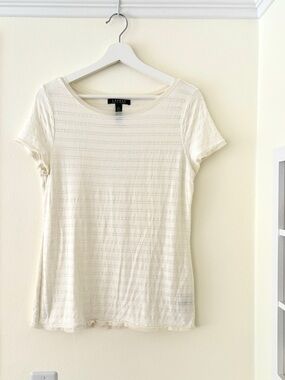 Lauren Ralph Lauren cream textured with sheer mesh trim short sleeve knit top